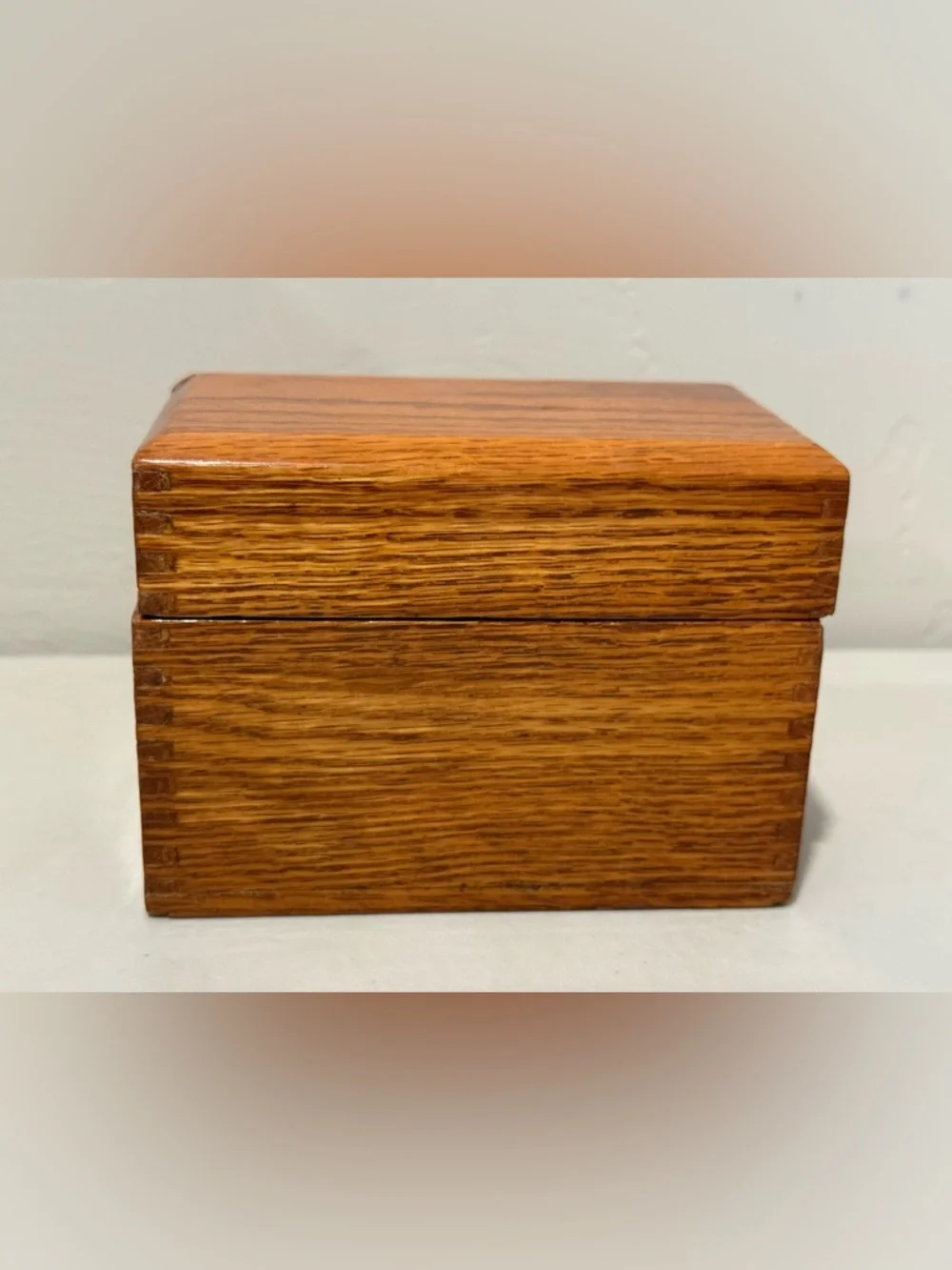 Vintage‎ Lacquered Oak Dovetailed Index Card File Box Recipe Wood Brass Hinges